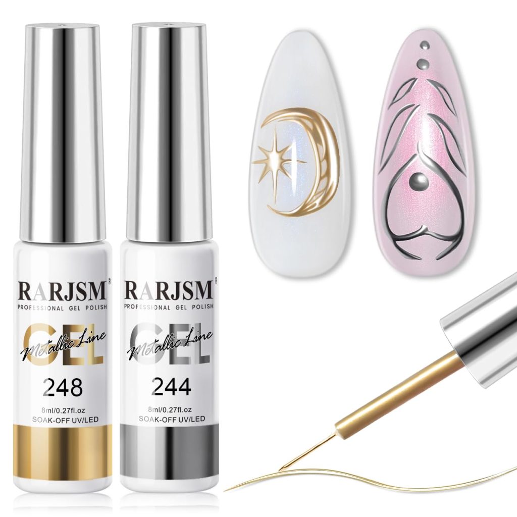 RARJSM Metallic Gel Liner Nail Art Silver Bronze Gold 2pcs Set Mirror Chrome 3D Effect Gel Nail Polish 8ml Build in Thin Brush Metal Painted Drawing Stripper Gel Polish Curing Requires for Home Salon