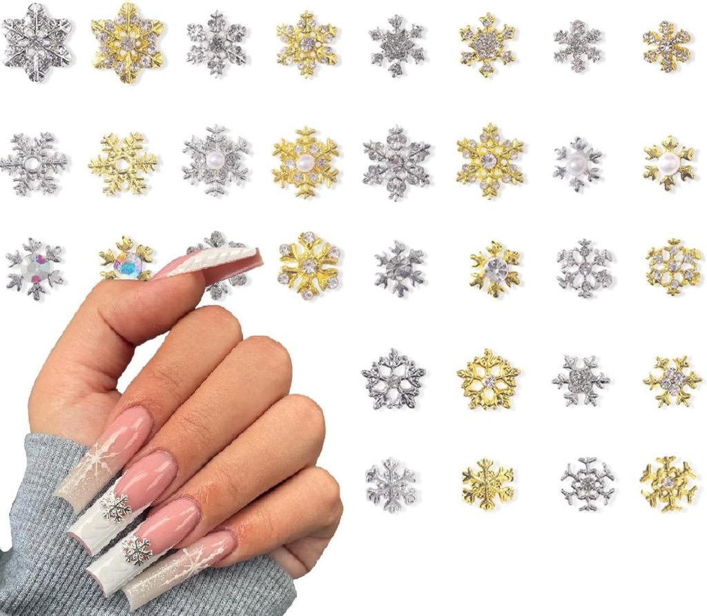 32 PCS Christmas Nail Art Charms 3D Snowflake Nail Charms for Acrylic Nails with Gems Rhinestones Gold Silver Nail Art Supplies Metal Nail Accessories Winter Holiday Nail Decorations Design
