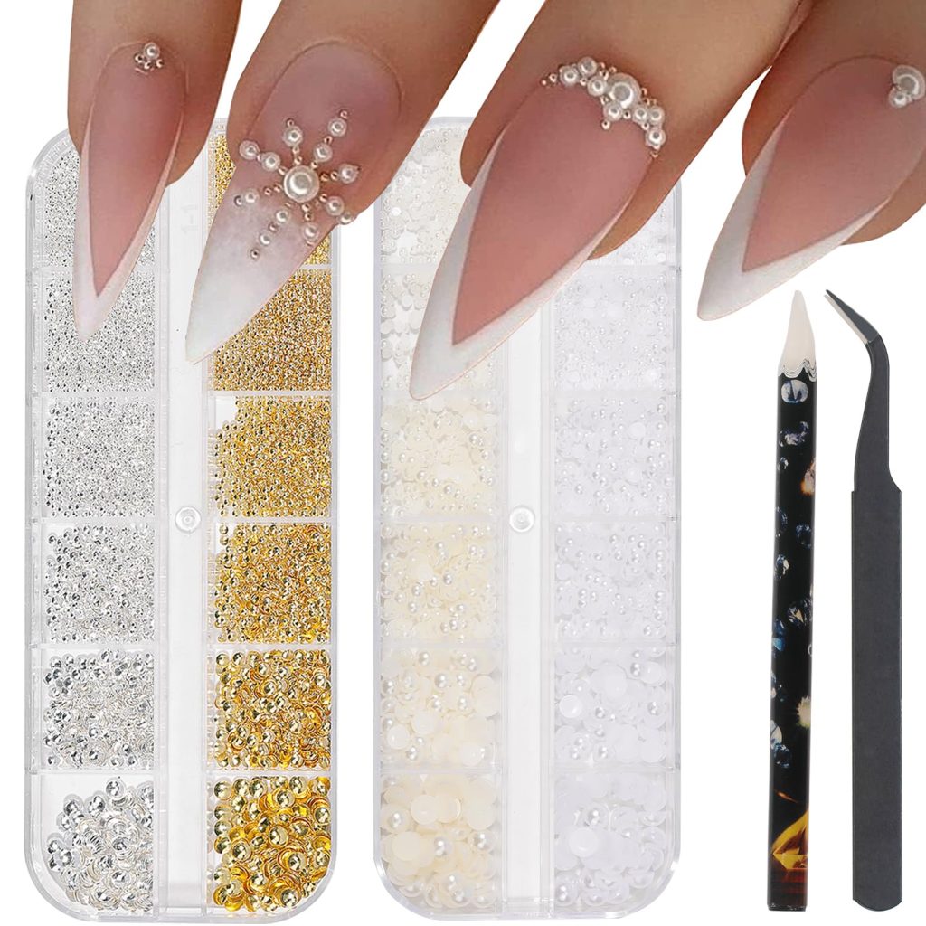 HNUIX Nail Art Charms – Metal Silver & Gold Beads, Flat back Round Rhinestones, Small Nail Pearls, 3D Mixed Sizes Decorations for Nails