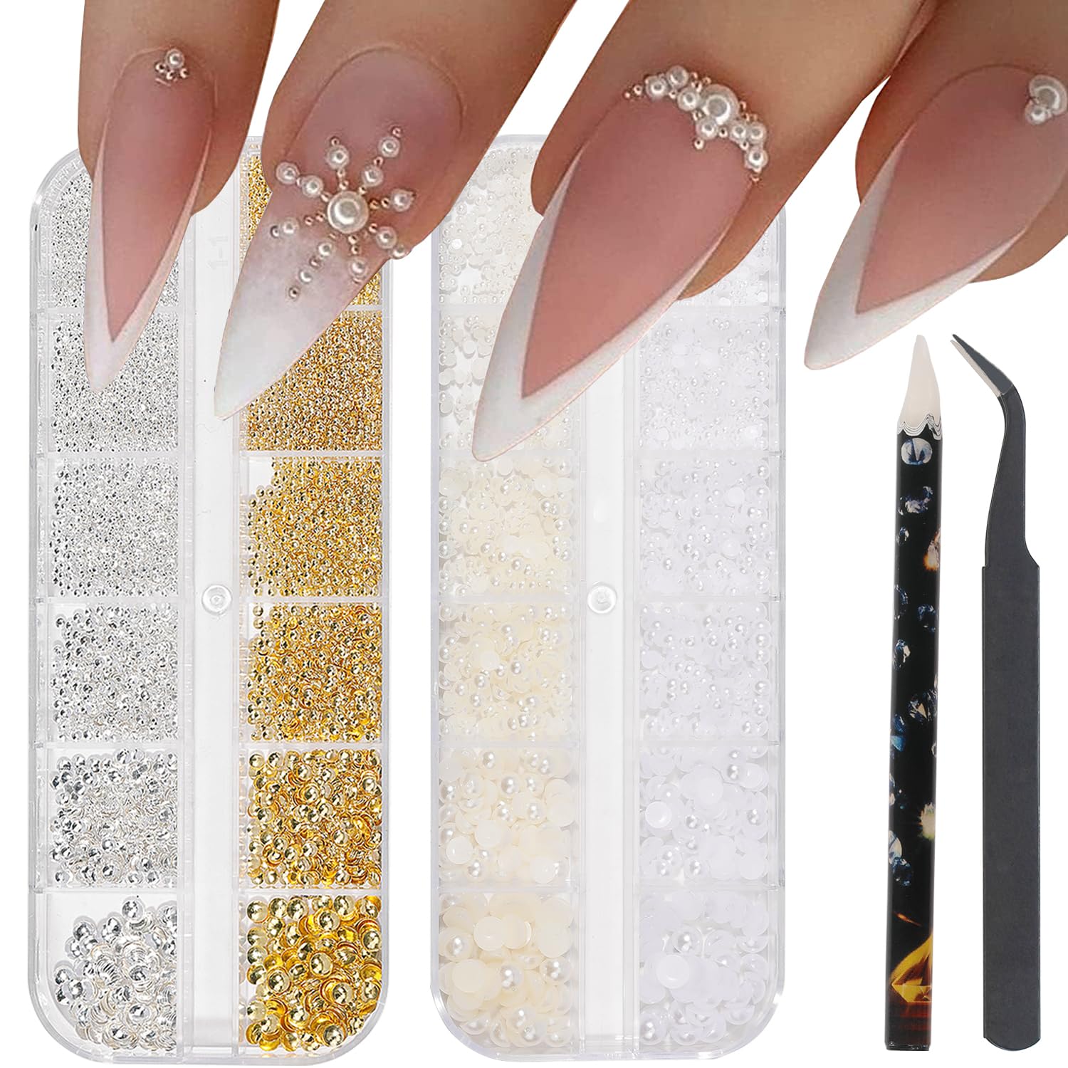 HNUIX Nail Art Charms – Metal Silver & Gold Beads, Flat back Round Rhinestones, Small Nail Pearls, 3D Mixed Sizes Decorations for Nails