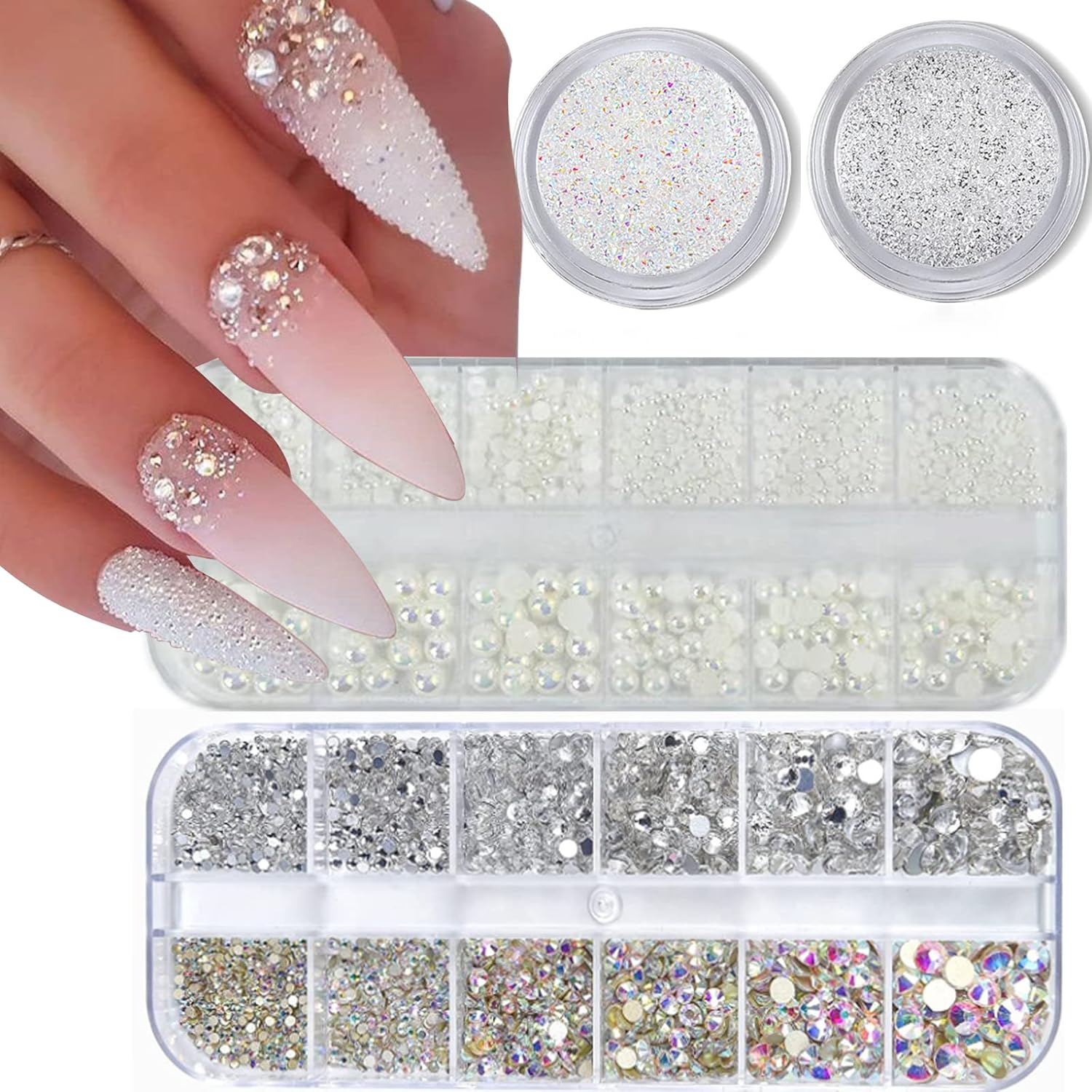 4 Boxes Flatback Rhinestones and Pearls Nail Charms for Acrylics – Crystals, Half Rounds, and Accessories for DIY Nail Art Decor