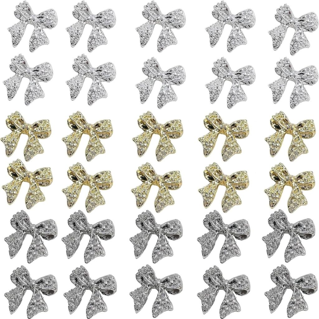 30pcs 3D Metal Bow Nail Charms for Acrylic Nails Alloy Nail Bows Gold Silver Gray Bow Knot Nail Art Charms Cute Bow Charms Kawaii Bow tie Nail Accessories Nail Jewels for Women Girls Manicure
