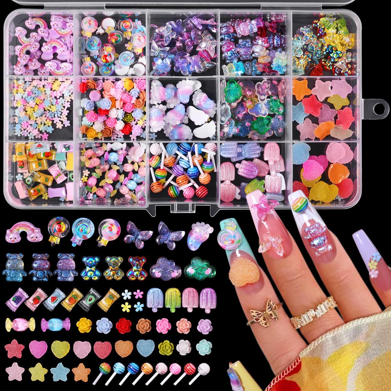 3D Mix Assorted Color Nail Charms Acrylic Multi Cute Nail Art Charms Hollow Candy Jewelry Nail Supplies for Nail Art Design DIY Crafts Accessories (Colorful Candy)