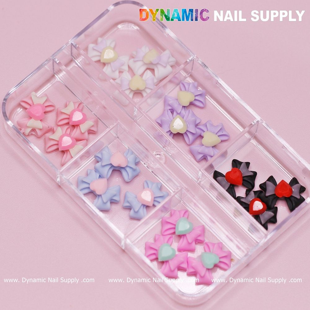 3D bow nail charms with heart rhinestones - 2