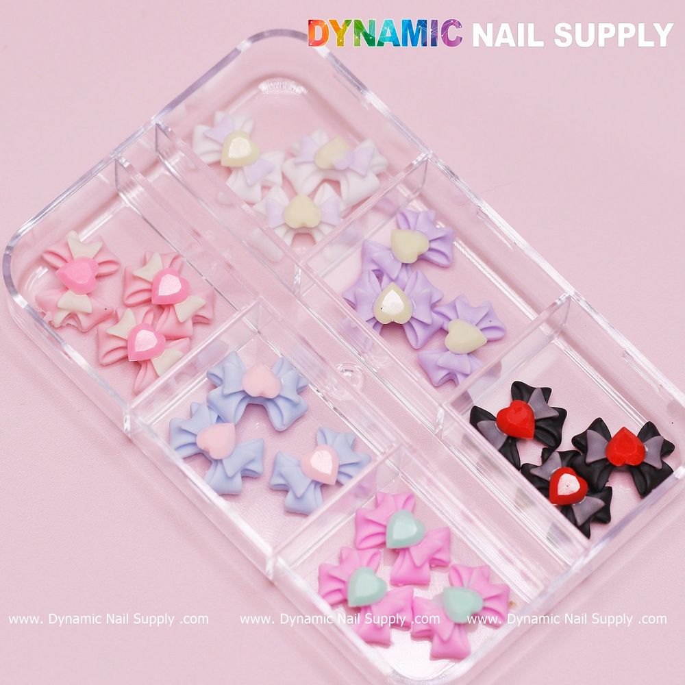 3D bow nail charms with heart rhinestones - 3