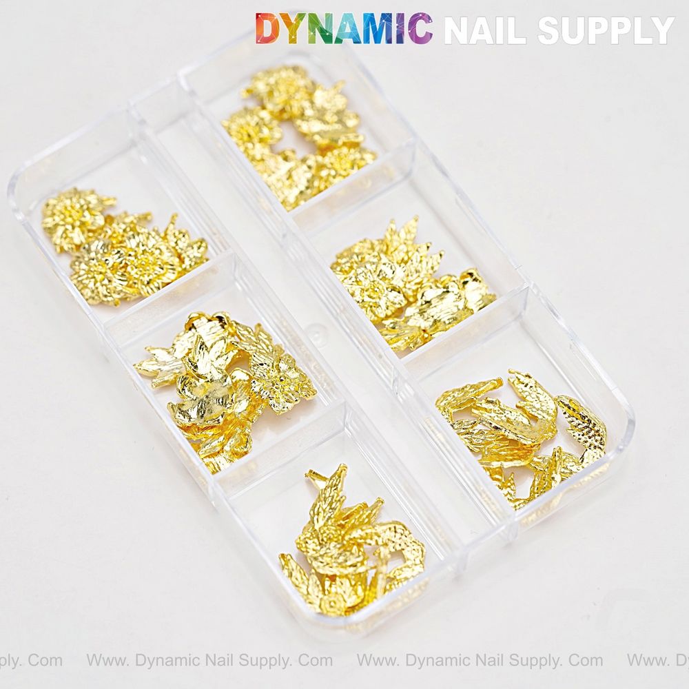 Gold flower and wing nail charms - 2