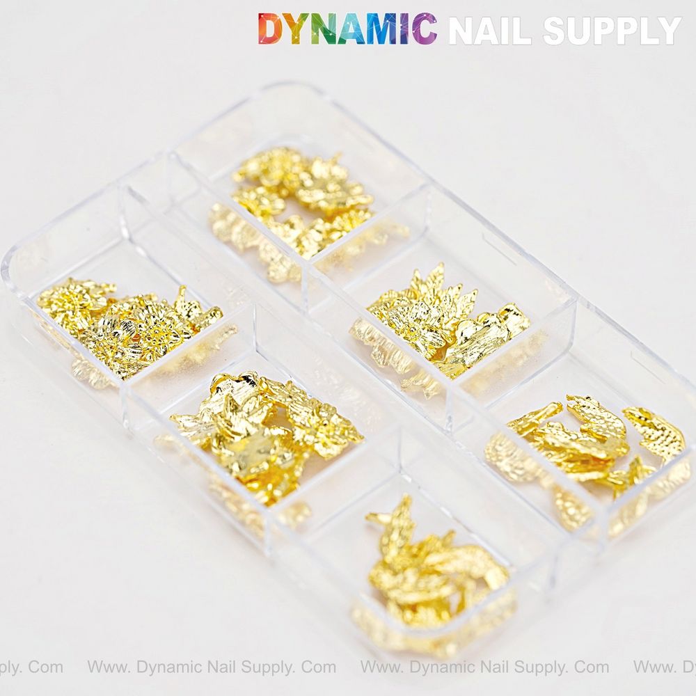 Gold flower and wing nail charms - 3